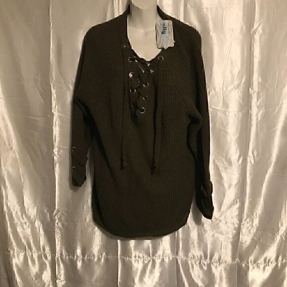 Military Hippe Lace Up V-neck Neck Green Knit Sweater one size - Picture 6 of 14